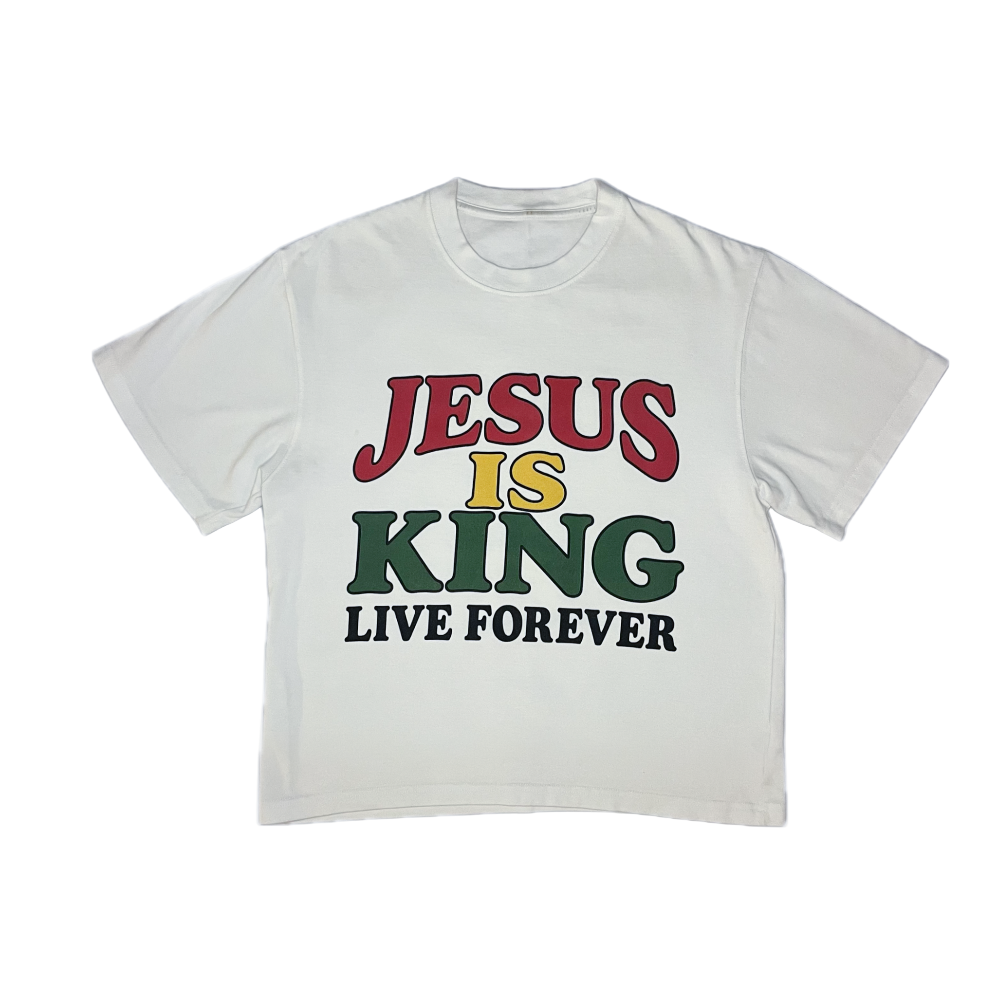 White t-shirt with 'Jesus is King Live Forever' text in red, yellow, and green on a white background